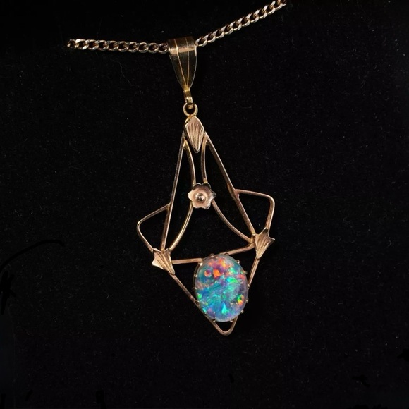 Jewelry - Antique Art Nouveau Australian Opal Triplet Lavaliere Pendant 9K Gold